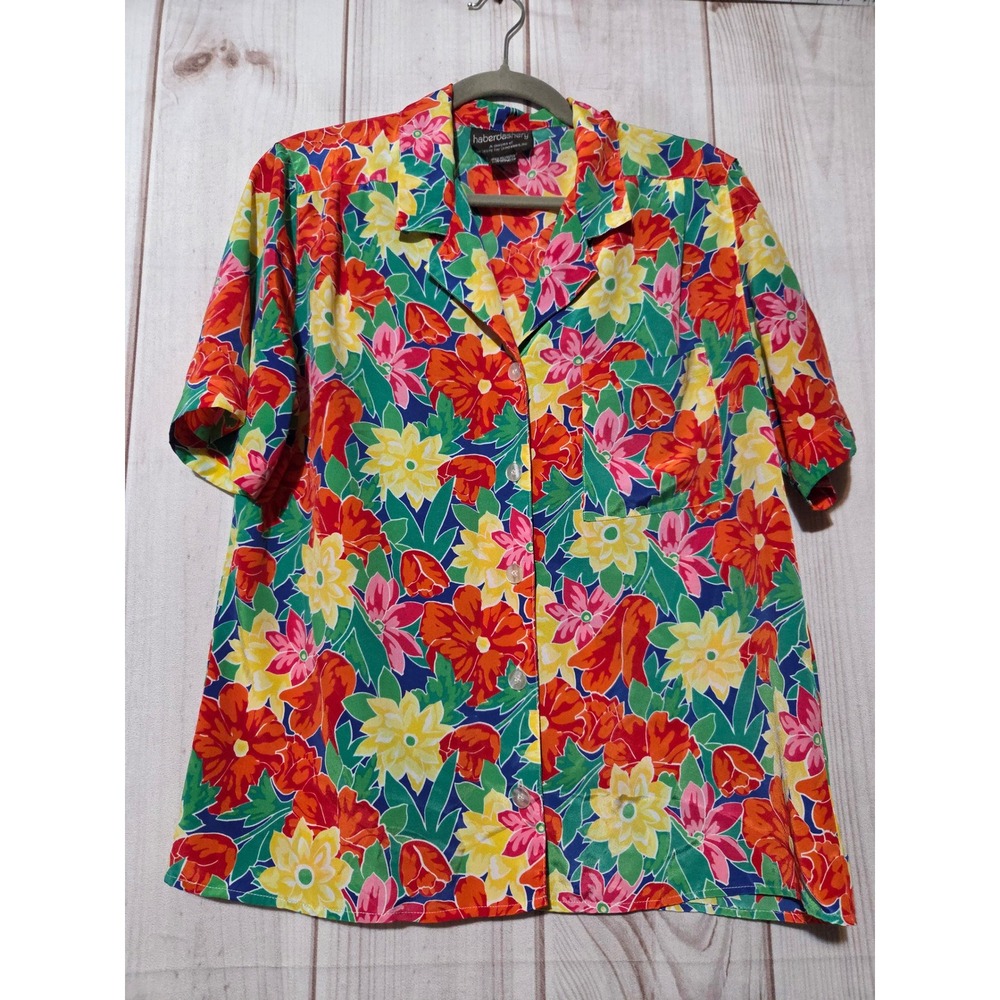 Haberdashery Vintage Floral Satin Button Up Blouse Short Sleeve Sz 12